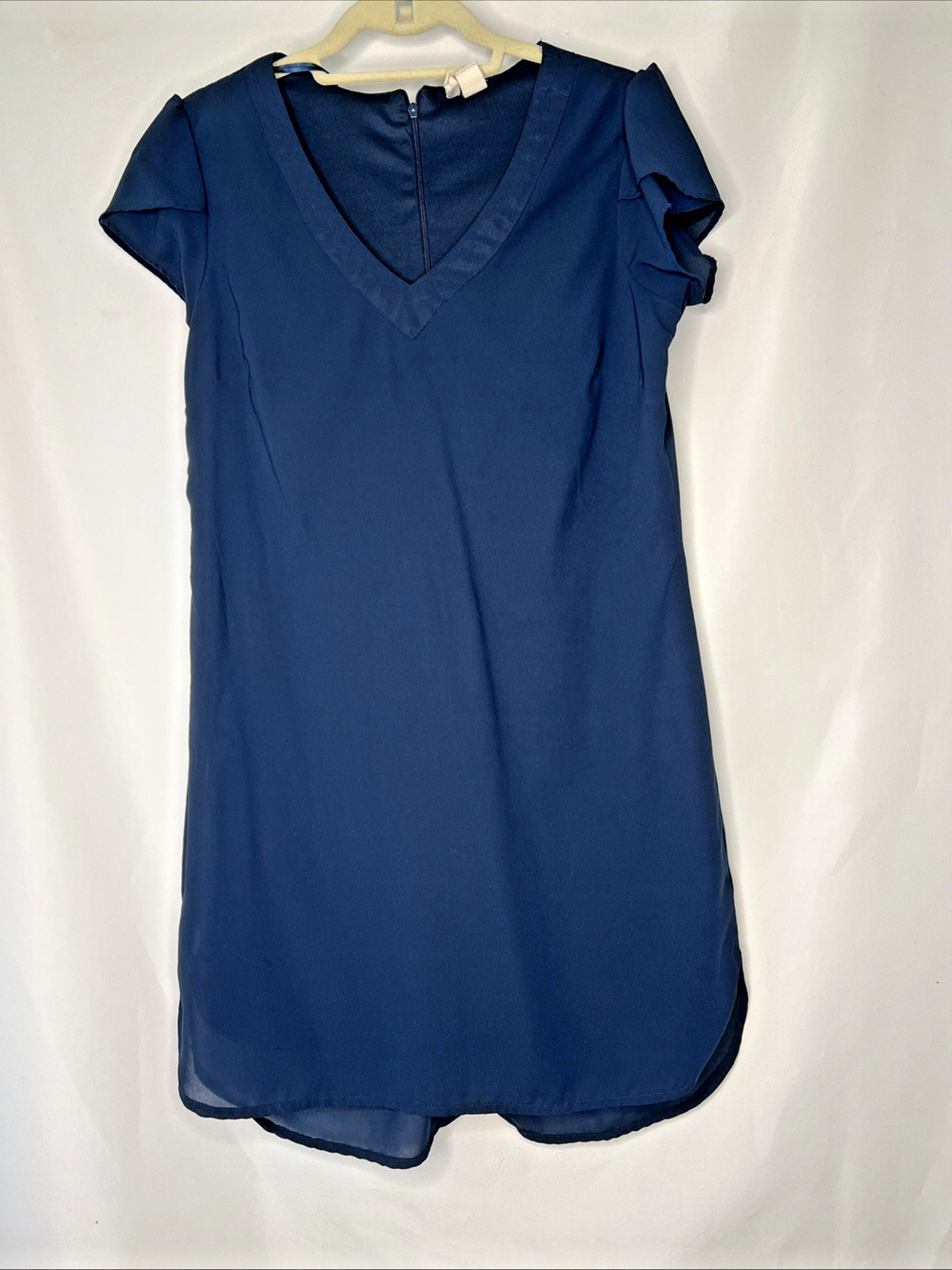 Japna Womens Size Medium Navy Blue Tulip Sleeve V Neck Shift Dress